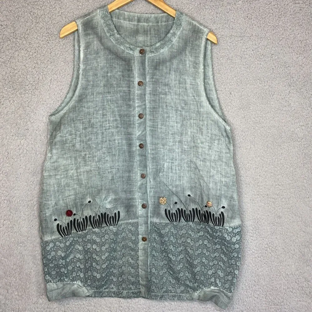 Linen Lagenlook Cottagecore Size XL Ombre Green Floral Tunic Button Front Top